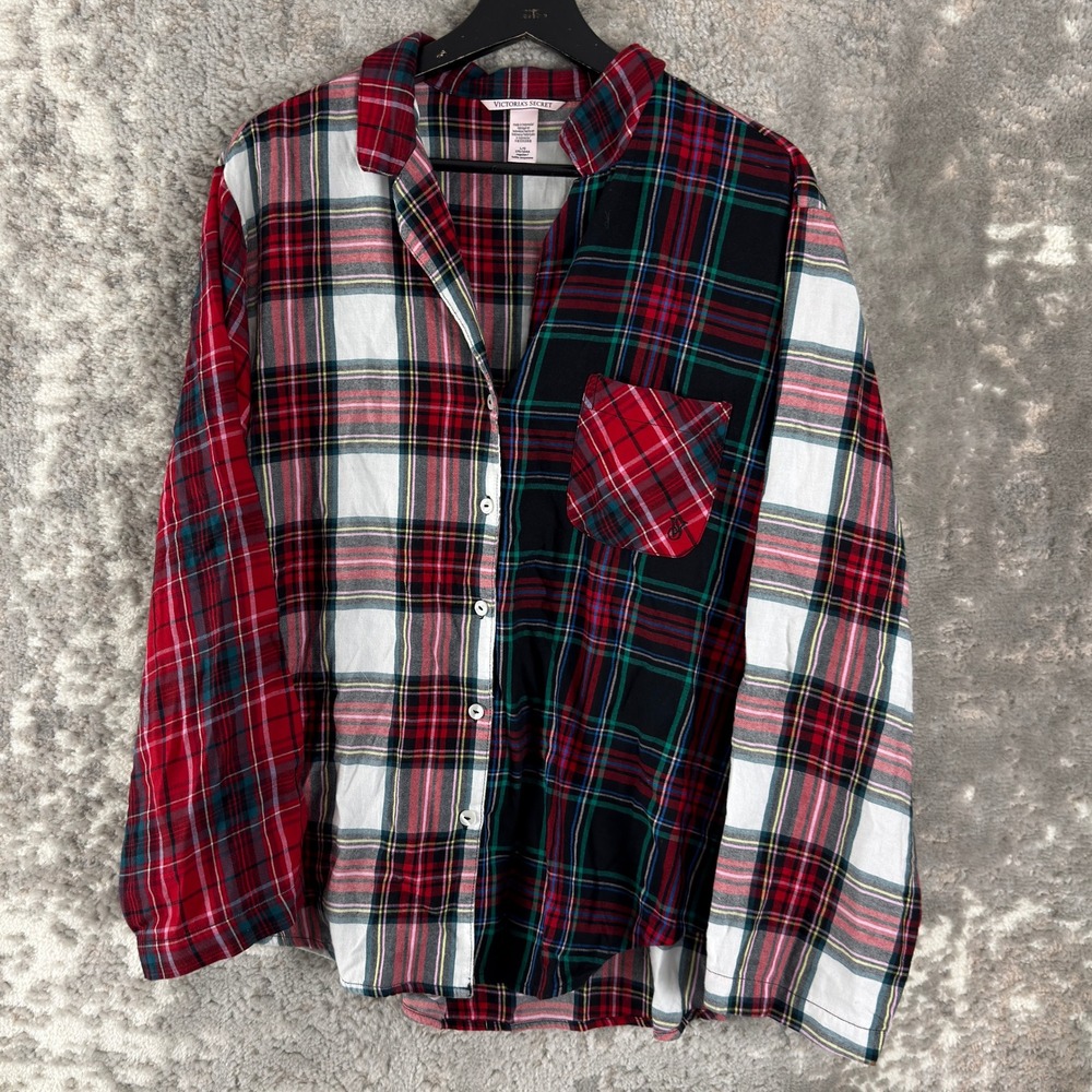 Victoria's Secret Size L Plaid Colorblock Flannel Pajama Top Red Long Sleeve Wmn